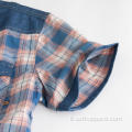 Camicia a maniche corte scozzese in denim patchwork da uomo